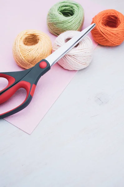 Multicolor Decoration Yarns Scissors Bright Wooden Background Copy Space — Stock Photo, Image