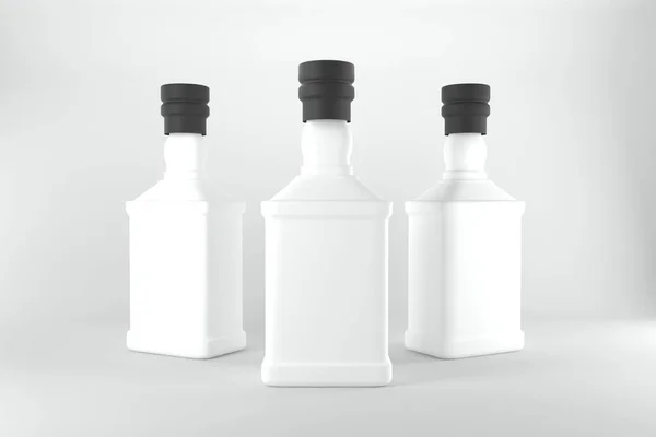 Renderizado Botellas Blancas Con Tapas Negras Aisladas Sobre Fondo Gris — Foto de Stock