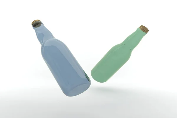Återgivning Två Gröna Och Blå Ölflaskor Isolerade Den Ljusa Bakgrunden — Stockfoto