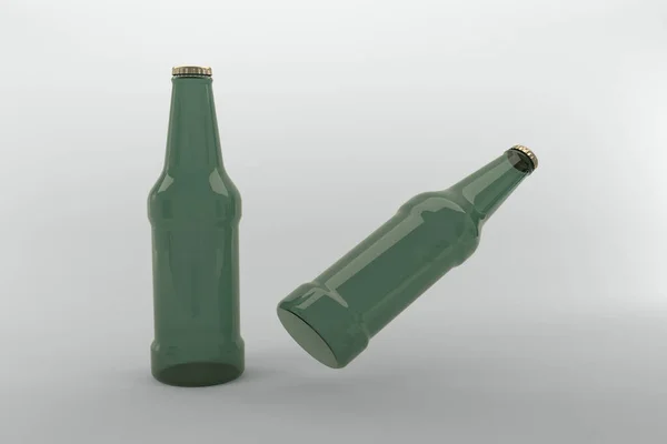 Återgivning Gröna Flaskor Med Kronhattar Isolerade Grå Bakgrund — Stockfoto