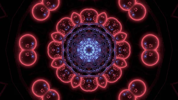 黒を背景に赤い丸で囲まれた花のような万華鏡のようなイラストの3Dレンダリング — ストック写真