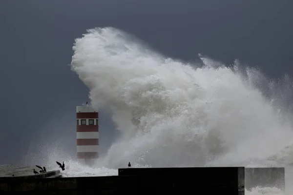 Douro River Mouth New Pier Beacon Heavy Storm — Stock Photo, Image