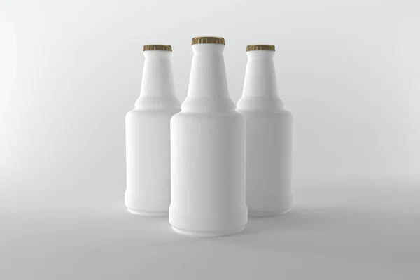 Render White Bottles Crown Caps Isolated Gray Background — Stock Photo, Image