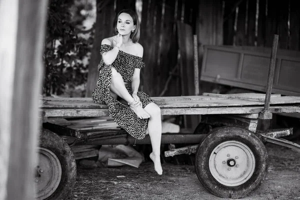 木製の農場のカートにポーズをとっている若い美しい白人女性のグレースケールショット — ストック写真