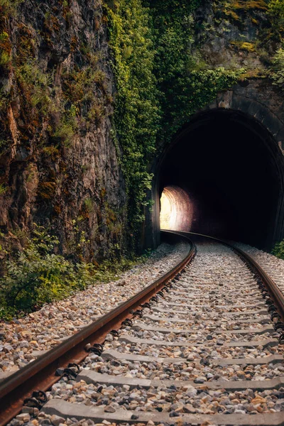 垂直の線路と崖に囲まれたトンネルのショット — ストック写真