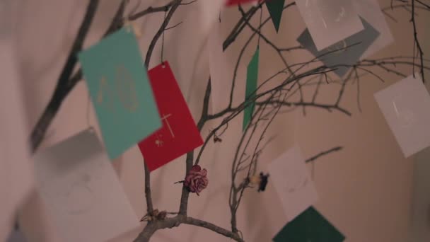 Kağıttan Tebrik Kartları Olan Çıplak Ağaç Dalı — Stok video