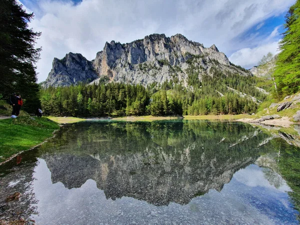 Szlak Zielonego Jeziora Otoczony Sosnami Zachmurzonym Błękitnym Niebie Styrii Austria — Zdjęcie stockowe