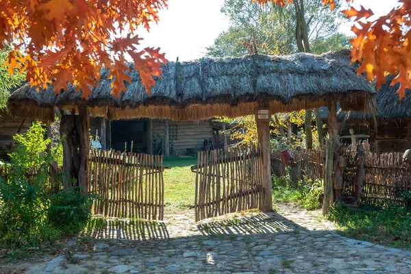 Kuligow Poland Oct 2021 Thatched Roofed Entrance Gate Farm Open — Stock Photo, Image