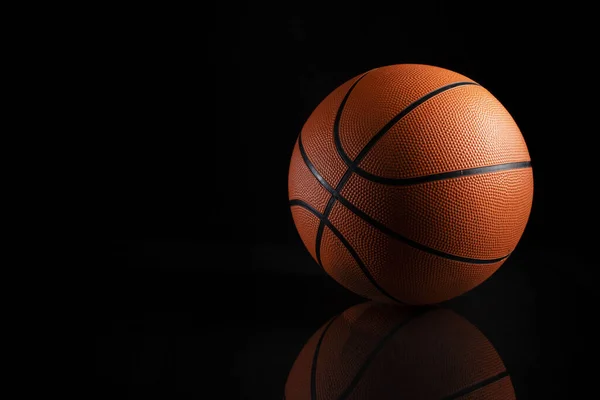 Closeup Shot Brown Basketball Ball Black Stripes Black Background Reflection — Stock Photo, Image