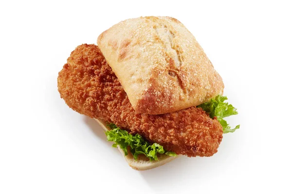 Nærbillede Sandwich Med Lækker Kuller Fiskekage Hvid Baggrund - Stock-foto