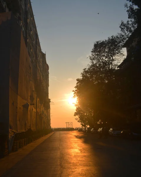 夕阳西下 一个美丽的太阳穿过树和楼之间的一条空旷的道路 — 图库照片