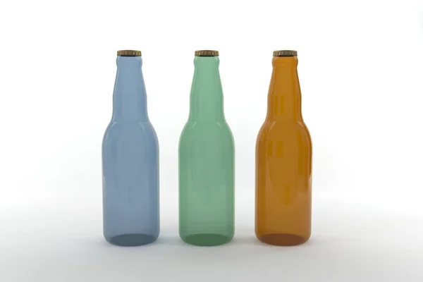 Una Representación Tres Botellas Con Tapas Corona Aisladas Sobre Fondo — Foto de Stock