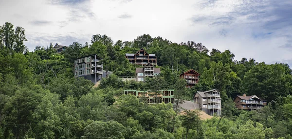 Uma Vista Horizontal Casas Cercadas Por Árvores Céu Nublado — Fotografia de Stock