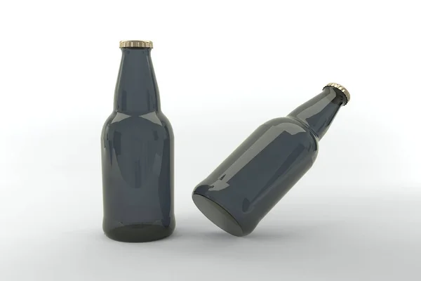 Rendering Two Black Beer Bottles Isolated Light Background — Stock Photo, Image