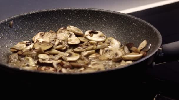 Fechar Cogumelos Ato Fritar Panela — Vídeo de Stock