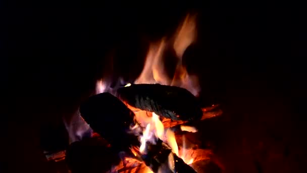 クローズアップ 石の暖炉の木の丸太からぼやけた炎と轟音火災 — ストック動画