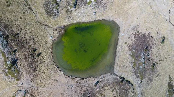 Una Vista Aérea Lago Verde Una Zona Montañosa — Foto de Stock