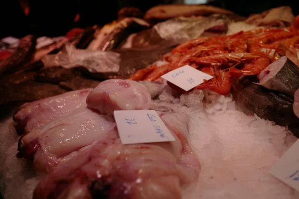 Közelkép Friss Húsról Halról Egy Tengeri Élelmiszerpiacon Barcelonában Spanyolországban — Stock Fotó