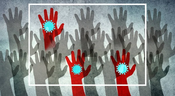 Silhuetas Mãos Três São Cor Vermelha Infectados Com Covid Multidão — Fotografia de Stock