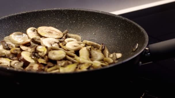 Close Frying Mushrooms Pan — Stock Video
