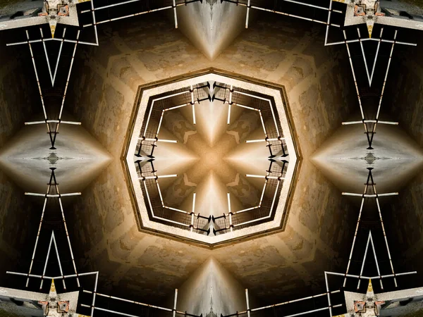 Futurystyczny Lustrzany Wzór Wykonany Elementów Architektonicznych Bogatych Kolorach Centralnym Naciskiem — Zdjęcie stockowe