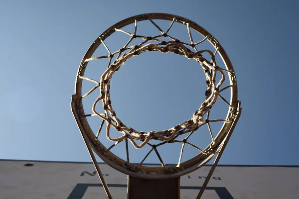 Closeup Shot Basketball Rim Hoop Dunking Writing Sunny Sky Background — Stock Photo, Image