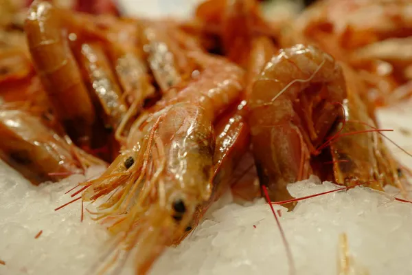 Gros Plan Une Pile Crevettes Fraîches Dans Marché Fruits Mer — Photo