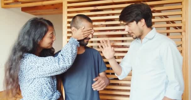 Group Friends Sitting Together Home — Stock Video