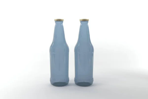 Renderowanie Dwóch Niebieskich Butelek Wieczkami Korony Izolowane Białym Tle — Zdjęcie stockowe