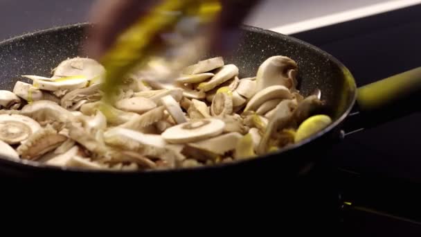 Close Frying Mushrooms Pan — Stock Video