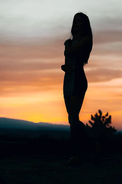 Une Silhouette Verticale Une Femme Contre Beau Ciel Couchant — Photo