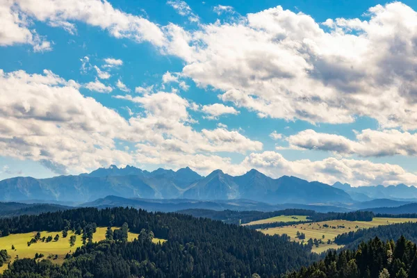 Krajobraz Wzgórz Pokrytych Zielenią Pod Błękitnym Zachmurzonym Niebem Pienińskim Parku — Zdjęcie stockowe