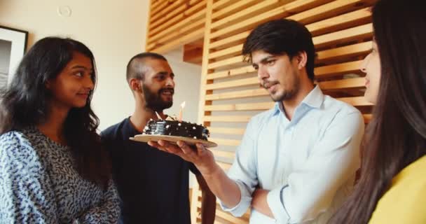 Group Friends Celebrating Birthday Chocolate Cake Home — Stock Video