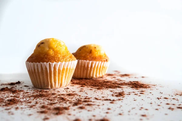 Gros Plan Deux Petits Muffins Aux Pépites Chocolat Avec Cacao — Photo