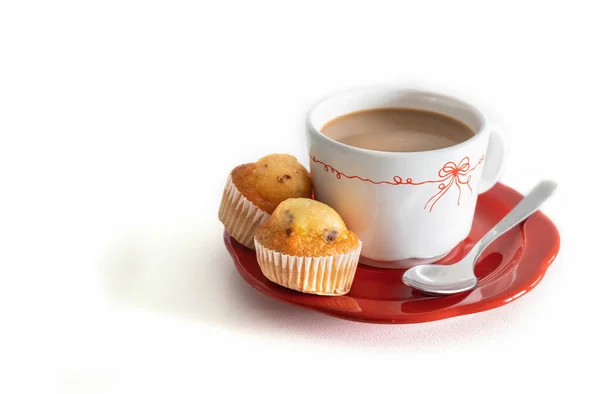 Gros Plan Une Tasse Café Deux Muffins Chocolat Sur Fond — Photo