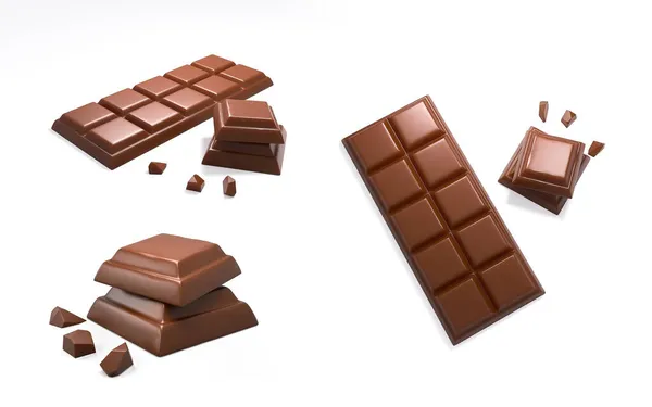 Uma Renderização Pedaços Chocolate Gostoso Bar Isolado Fundo Branco — Fotografia de Stock