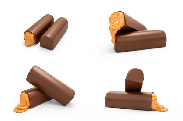 Uma Renderização Barras Chocolate Com Derretimento Caramelo Doce Isolado Fundo — Fotografia de Stock