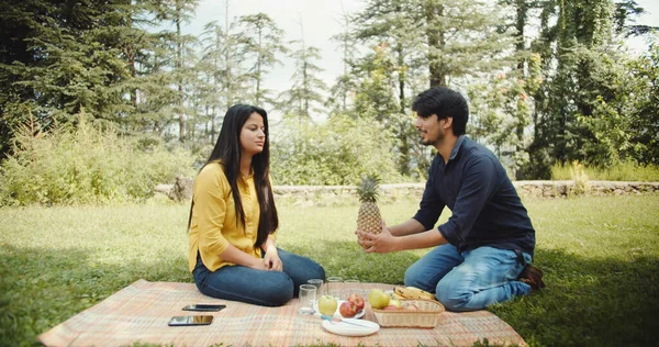 一对印度年轻夫妇在公园里野餐 — 图库照片