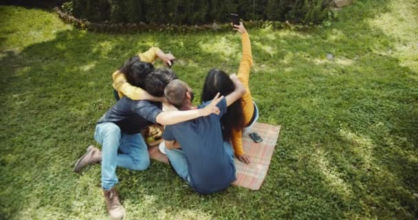 Group Friends Picnic Outdoors Taking Selfie — Vídeo de Stock