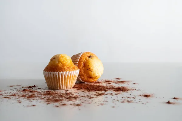 Plan Deux Petits Muffins Aux Pépites Chocolat Saupoudrés Cacao Sur — Photo