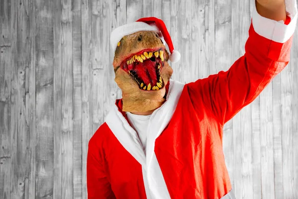 Une Photo Dinosaure Habillé Père Noël Prenant Selfie — Photo