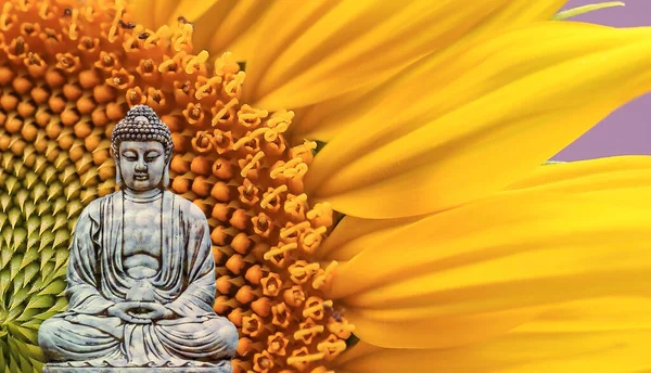 Eine Illustration Der Buddha Statue Isoliert Auf Buntem Sonnenblumenhintergrund — Stockfoto