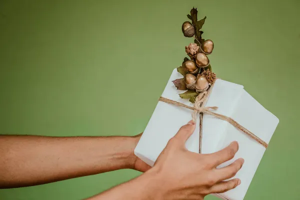 Руки Самца Держат Завернутый Подарок Изолированный Зеленом Фоне — стоковое фото