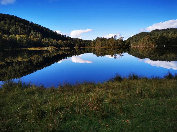 반사되어 풍경으로 둘러싸인 호수의 — 스톡 사진