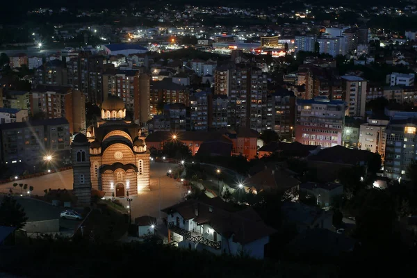 Vysoký Úhel Krásné Scenérie Města Mitrovica Kosovo Noci — Stock fotografie