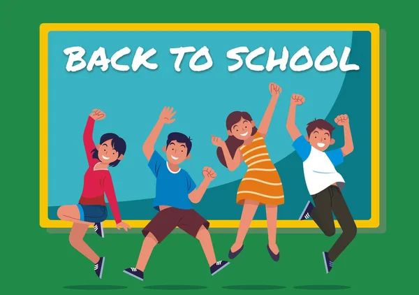 Kolorowy Plakat Powrót Szkoły Młodymi Szczęśliwymi Uczniami Koncepcja Edukacji Offline — Zdjęcie stockowe