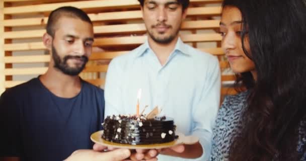 Group Friends Celebrating Birthday Chocolate Cake Home — Stock Video