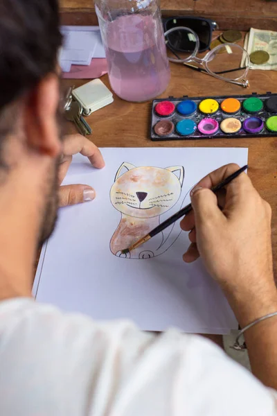 Hombre Pintando Gato Casa — Foto de Stock