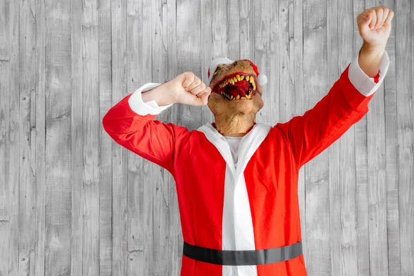 Shot Dinosaur Dressed Person Santa Claus Dancing Happily Arms Raised — Stock Photo, Image