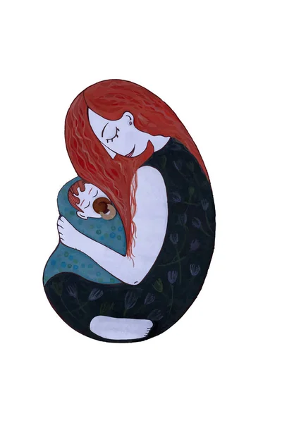 Seorang Wanita Yang Digambar Dengan Rambut Merah Menggendong Bayinya Yang — Stok Foto